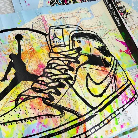 🎁Handpainted Air Jordan Sneaker Acrylic Painting Pop Art on NYC Subway Map - Picture 6 of 8